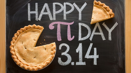 Celebrating Pi Day 3.14 with delicious pie and mathematics chalk message on blackboard banner