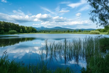 Obraz premium Serene Lake Reflection: A tranquil lake mirrors the bright blue sky and fluffy clouds, framed by lush greenery and distant mountains, offering a picturesque scene.