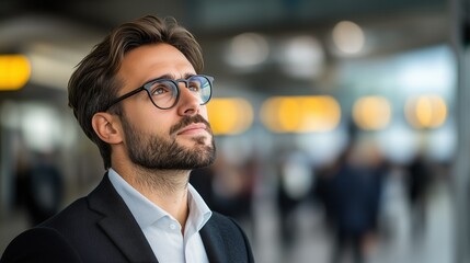 Fototapeta premium Modern Man's Aspiration: A pensive man in a suit and glasses looks upward with a gaze of contemplation. This image captures a moment of deep thought, ambition, and the pursuit of dreams.