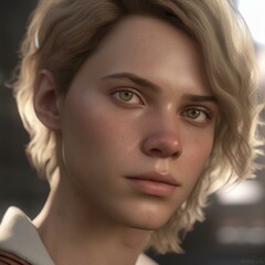 Fototapeta premium A highly detailed, hyper-realistic close-up portrait of an AI-generated human face. This digital artwork features lifelike skin textures, expressive eyes, and natural lighting.