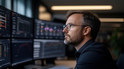 Market Analyst at Work: A focused market analyst, absorbed in his task, scrutinizes multiple computer screens displaying complex financial data in a dimly lit office setting.