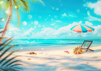 Fototapeta na wymiar Tropical Beach with Sunbathing Accessories. A beautiful tropical beach featuring sunbathing accessories like towels, beach chairs, and umbrellas, perfect for a summer holiday background.