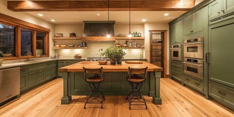 A luxurious and modern kitchen featuring wooden accents and green cabinetry