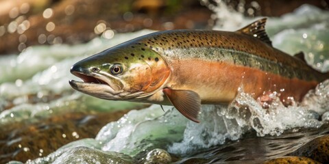 Obraz premium Salmon swimming upstream in fast-moving waters natural habitat wildlife photography action shot close-up view for seo optimization