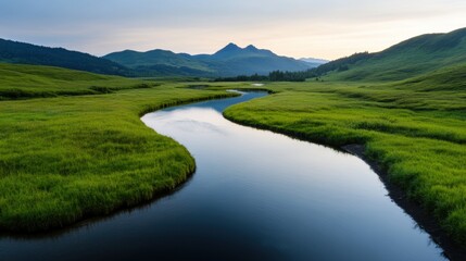 Obraz premium nature renewal, tranquil river winding through a verdant valley, embodying the harmony and rejuvenation of the spring equinox