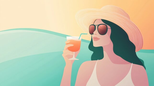 Faceless Woman in Sunglasses and Straw Hat Sipping Cocktail by the Pool, Minimalist Illustration with Pastel Gradients