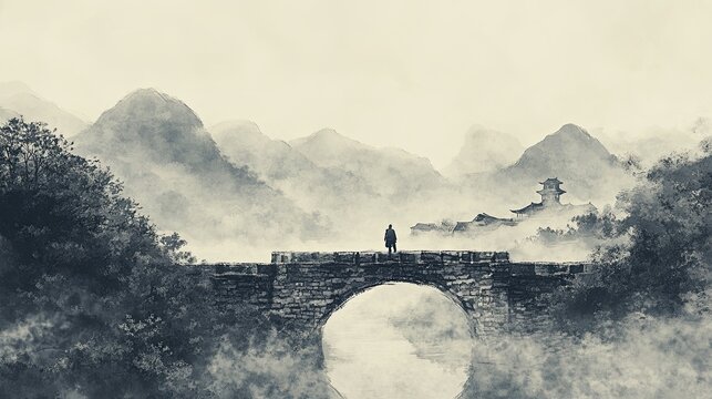 Ink Wash of a Traveler Pausing on a Stone Bridge