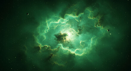 Fototapeta premium A beautiful green nebula and planets floating in outer space
