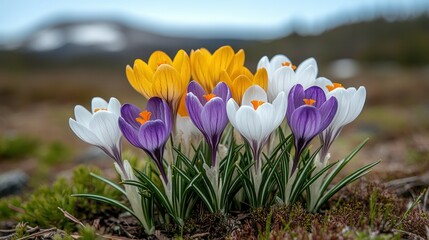 Colorful Crocus Blossoms in a Mountain Meadow