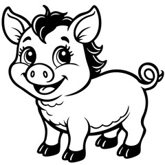 Obraz premium a cute, smiling cartoon pig with a happy expression and adorable features. The pig has a curly tail and friendly eyes, vector illustration