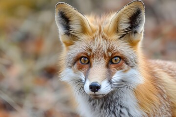 Obraz premium Fox's Intense Gaze: A close-up shot of a red fox, with its striking amber eyes, alert ears, and thick fur, stares directly at the viewer, framed by a blurred, autumnal background.