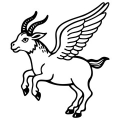 a black and white illustration of a mythical creature with the body of a goat and the wings of a bird, in a flying pose. The illustration is detailed.