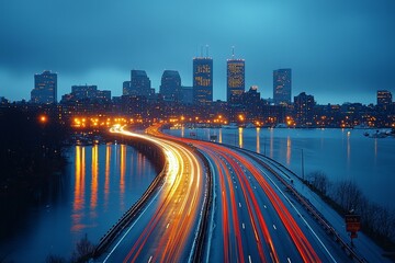 Fototapeta premium Nighttime view of Boston's skyline from the Harvard Bridge, with streaks of light from vehicles