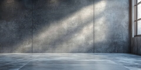 A concrete room interior with sunlight shining from a window