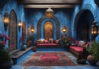 Obraz premium Cozy Blue-Walled Room with Lanterns, Plush Seating, and Flowers