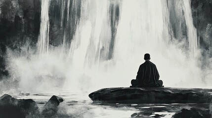 Serene Ink Wash of a Monk Meditating by a Quiet Wat