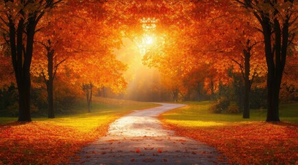 Fototapeta premium A serene autumn pathway bathed in warm sunlight.