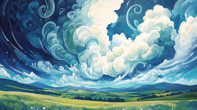 Ink Painting of a Storm Rolling Over Distant Hills