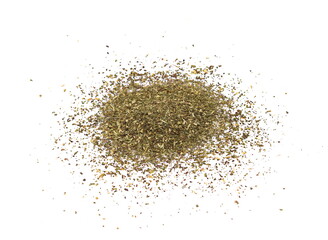 Pile of dried mint leaves isolated on white background