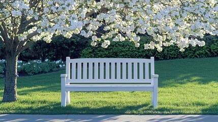 White bench under blossoming tree on lush green lawn in sunny scenery