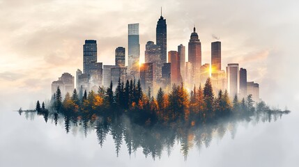 Obraz premium Floating city island at dawn, surreal urban landscape, nature and city, for background or wallpaper