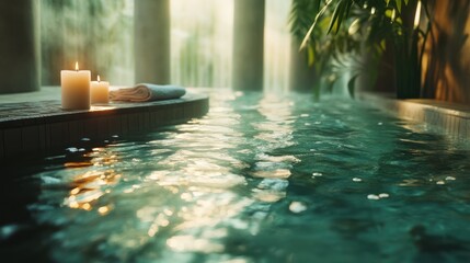 Spa ambiance depicting water candles plants and a towel