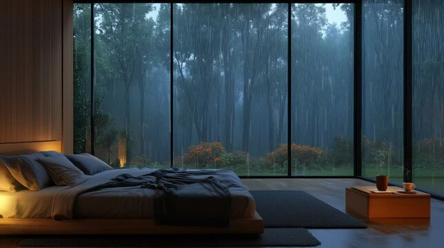 Cozy bedroom with large glass windows overlooking rainy forest. Peaceful and serene atmosphere.