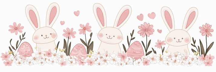 Easter banner featuring minimalistic bunnies and flowers in a limited color palette