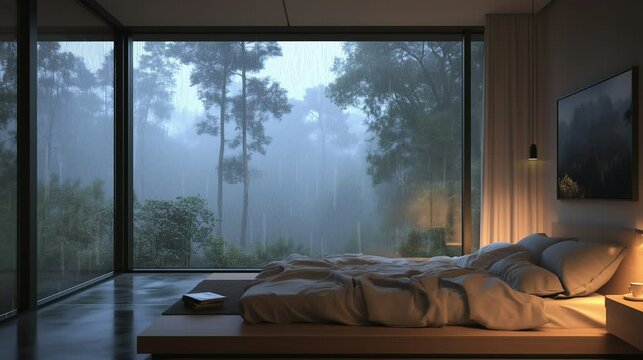Cozy bedroom with large glass windows overlooking rainy forest. Peaceful and serene atmosphere.