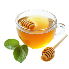 Warm honey in a clear cup with a drizzle stick and leaves isolated on a bright white background, Honey in a cup isolated on white background