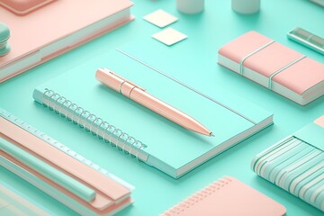 Pastel pink and turquoise stationery set neatly arranged on a desk with a modern aesthetic

