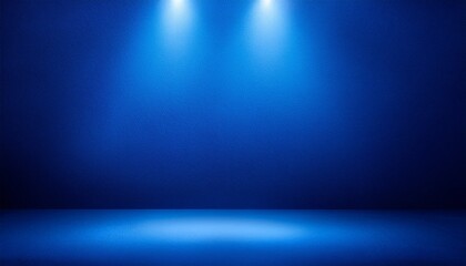 Abstract studio room with a blue background for displaying your products. A dark, empty scene illuminated by blue neon searchlights. A dark blue studio room with a spotlight backdrop, perfect 