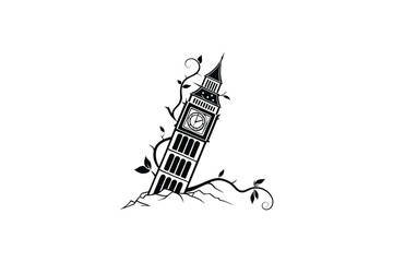 vector illustration of broken clock tower with a single vine curling around it