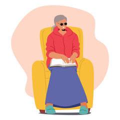Grey-haired elderly blind woman cartoon character reading book with Braille special font at home