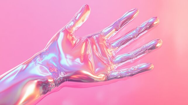 Futuristic metallic holographic arm design  glossy iridescent effect on pink background - Powered by Adobe