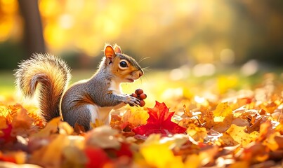 A cute squirrel holding nuts in a colorful autumn setting