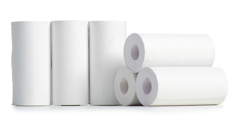 Several rolls of paper cash register tape or thermal paper for kids instant photo camera on white background isolation
