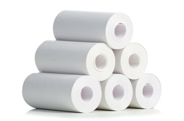 Several rolls of paper cash register tape or thermal paper for kids instant photo camera on white background isolation