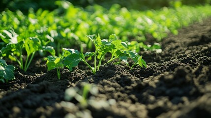 Rows of young plants growing in dark and rich garden soil