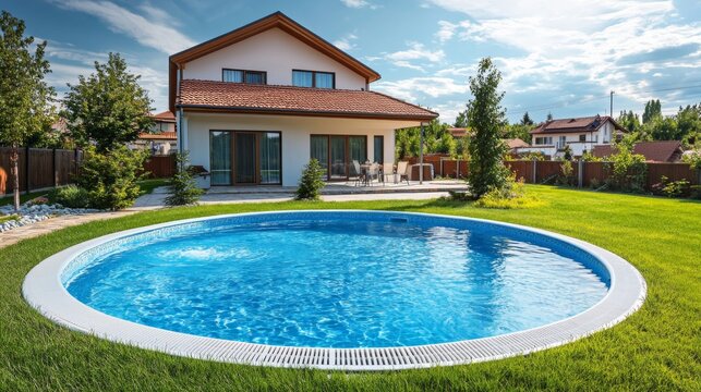 Modern house with backyard pool and lush lawn under clear sky