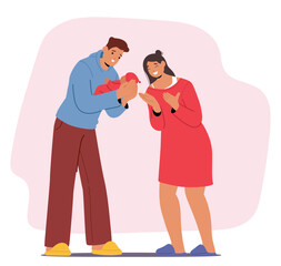 Happy mother and father holding newborn child in hands feeling love and adoration cartoon scene