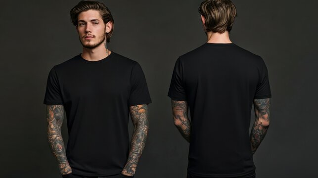 Male Model in Black t-shirt, plain blank tshirt mockup, Black tee, front and back view, with Tattooed Arms