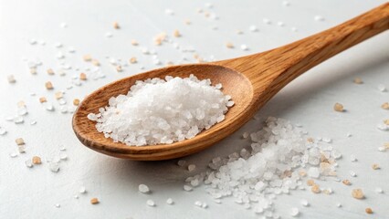 salt on wooden spoon,A Close-Up View of a Wooden Spoon with Salt Isolated on a White Background,wooden spoon with salt isolated on transparent background,salt in a spoon