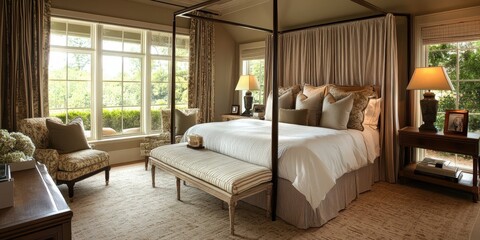 An elegant bedroom interior featuring a four poster bed and windows