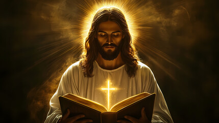 Jesus christ reading the holy bible and radiating divine light, a golden halo surrounds him and a luminous cross shines on his chest. Luminous Halo. Illustration