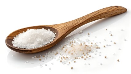 salt on wooden spoon,A Close-Up View of a Wooden Spoon with Salt Isolated on a White Background,wooden spoon with salt isolated on transparent background,salt in a spoon