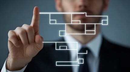 Man pointing to glowing digital organizational hierarchy in a corporate setting