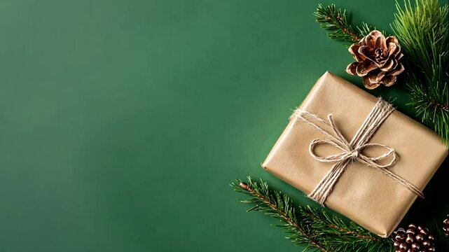 Elegant Gift Box with Pine Branches on Green Background