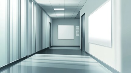 Obraz premium A modern minimalist company corridor features a meeting room and a blank white wall.