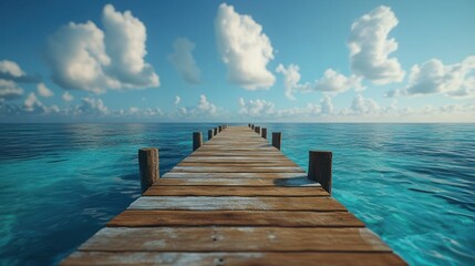 Wooden pier stretches over turquoise ocean under a partly cloudy sky